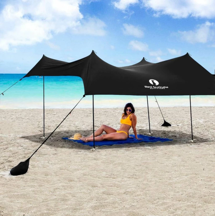 Red Suricata Beach Tent Canopy with Sand-Free Mat & 2 Cup Holders - UPF50+ UV Sun Shelter for Family (Large, Black)