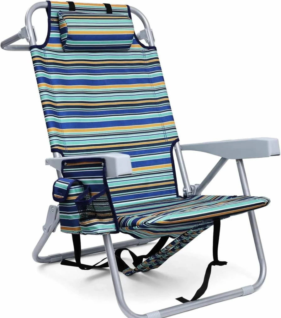 Yestomo Heavy Duty Beach Chair for Adults - Portable Folding Lounge Chair with Backpack Straps, Cooler Pouch & 350Lbs Capacity, Compact Lay Flat Design (Blue & Cyan Stripes)