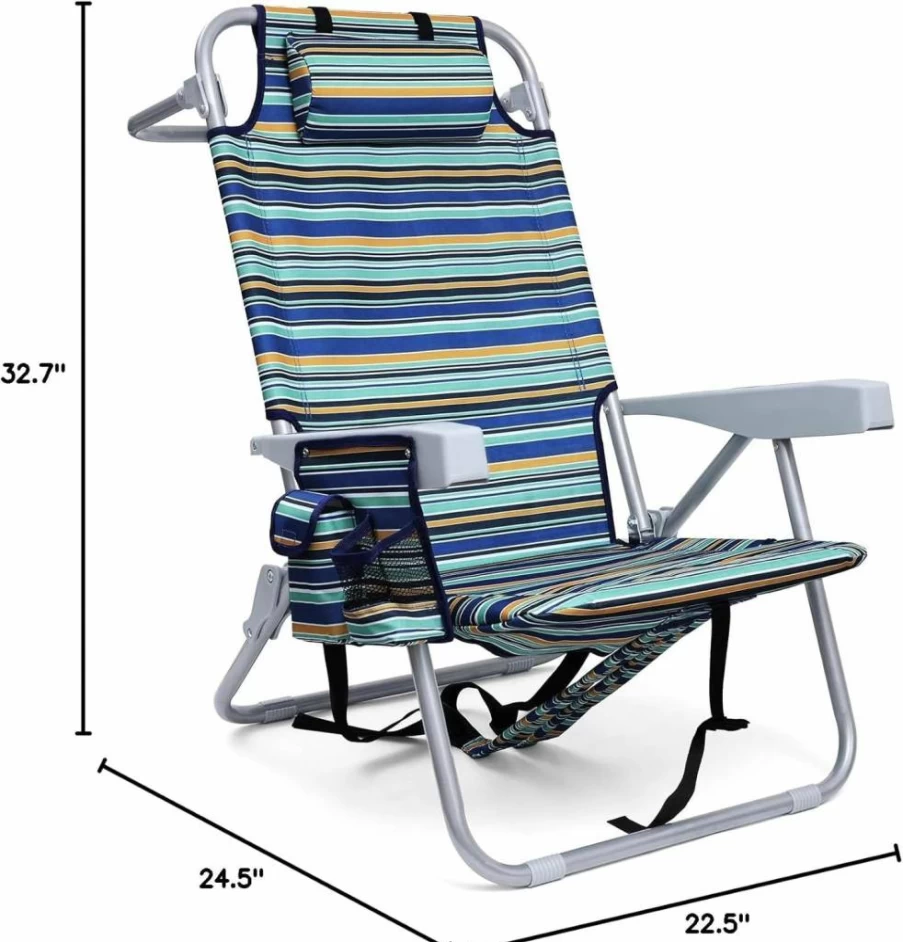 Yestomo Heavy Duty Beach Chair for Adults - Portable Folding Lounge Chair with Backpack Straps, Cooler Pouch & 350Lbs Capacity, Compact Lay Flat Design (Blue & Cyan Stripes)
