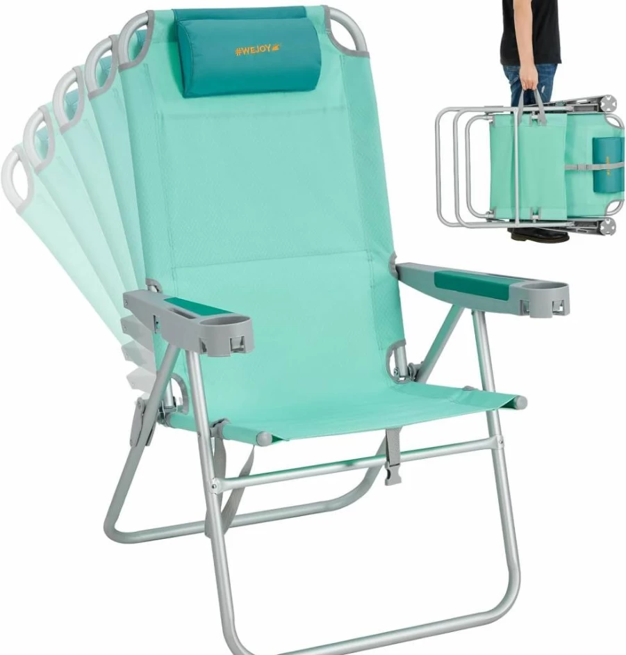 WEJOY 17" Oversized Folding Beach Chair for Adults - 5-Position Recliner with Cup Holder, Phone Pocket & Bottle Opener - Portable Camping Chair Supports 300lbs