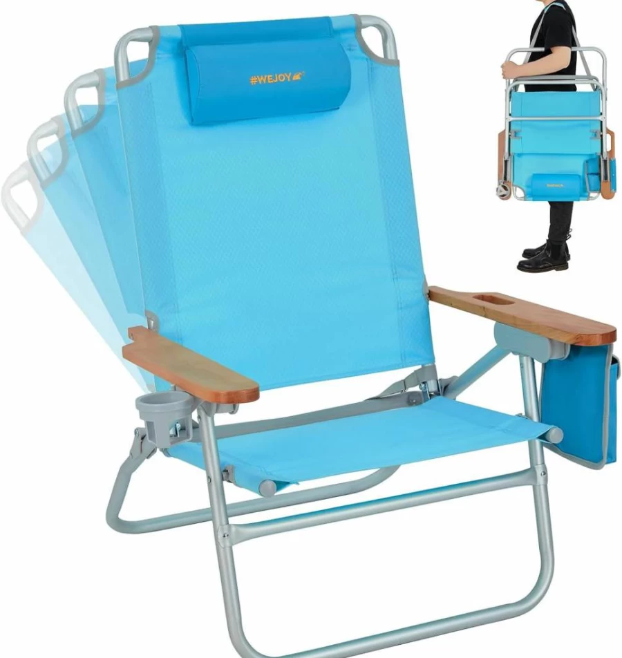 WEJOY Lightweight Folding Beach Chair for Adults - 4 Position Reclining Camping Chair with Cup Holder, Wooden Armrests & Carry Strap, Supports 300lbs, Portable for Picnic, Festival (Blue)