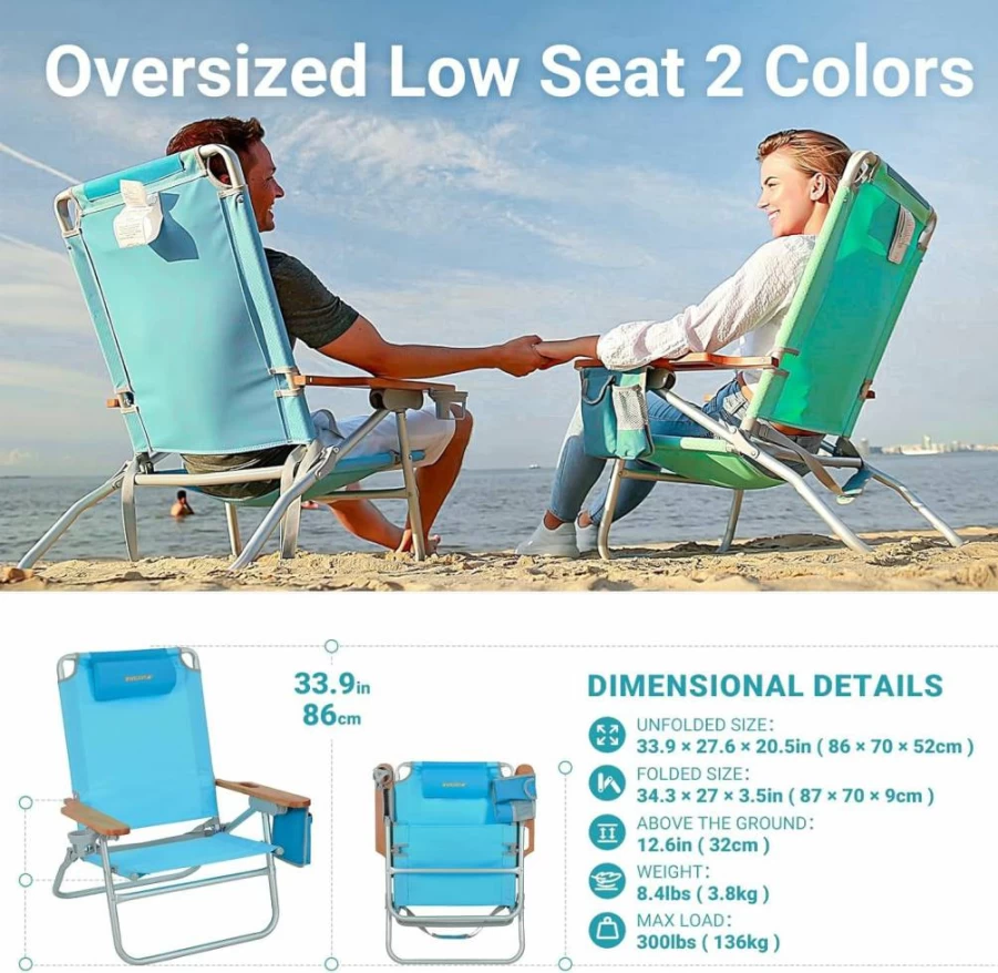 WEJOY Lightweight Folding Beach Chair for Adults - 4 Position Reclining Camping Chair with Cup Holder, Wooden Armrests & Carry Strap, Supports 300lbs, Portable for Picnic, Festival (Blue)