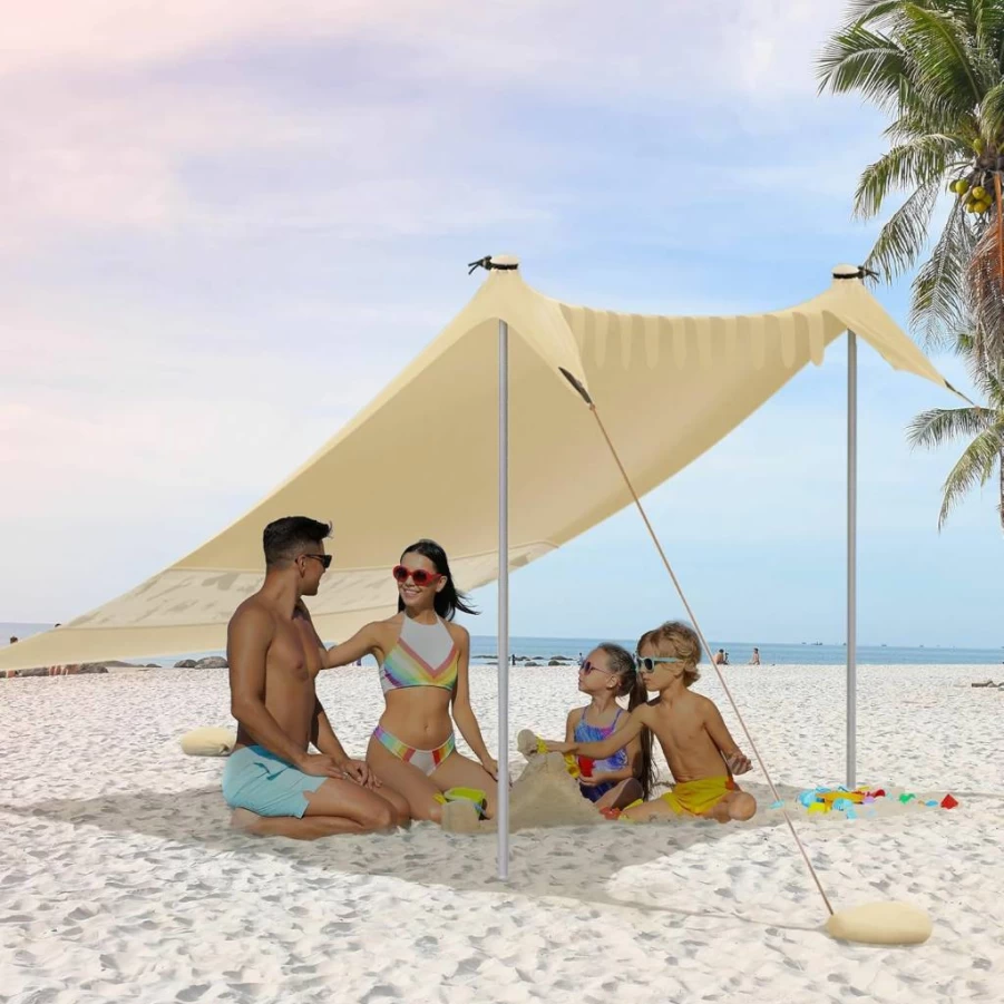 VILLEY 8X7FT Beach Tent Sun Shelter with UPF50+ Protection – Portable 5-Person Canopy for Camping, Picnics, Fishing – Includes 2 Stability Poles & 4 Sandbags – Outdoor Sun Shade (Blue)