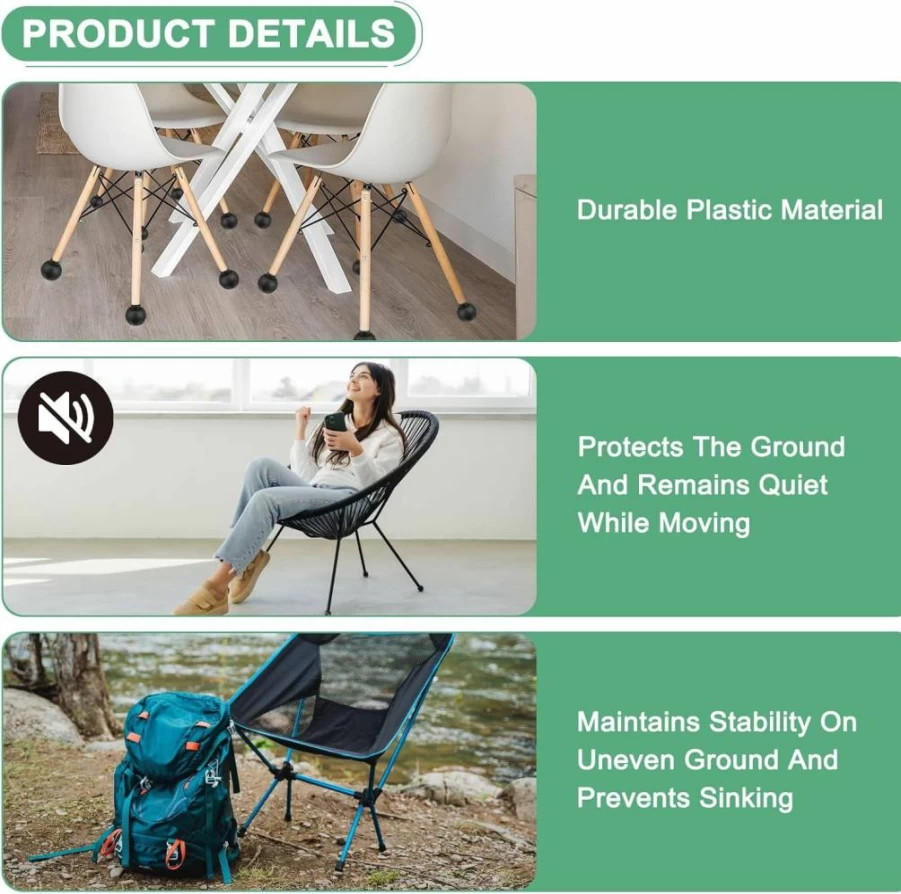 M METERXITY 4-Pack Camping Chair Foot Pads - 17mm Black Plastic Anti-Sinking Replacement Feet for Outdoor, Fishing, Hiking, Picnic - Fits Hardwood Floors & Tile